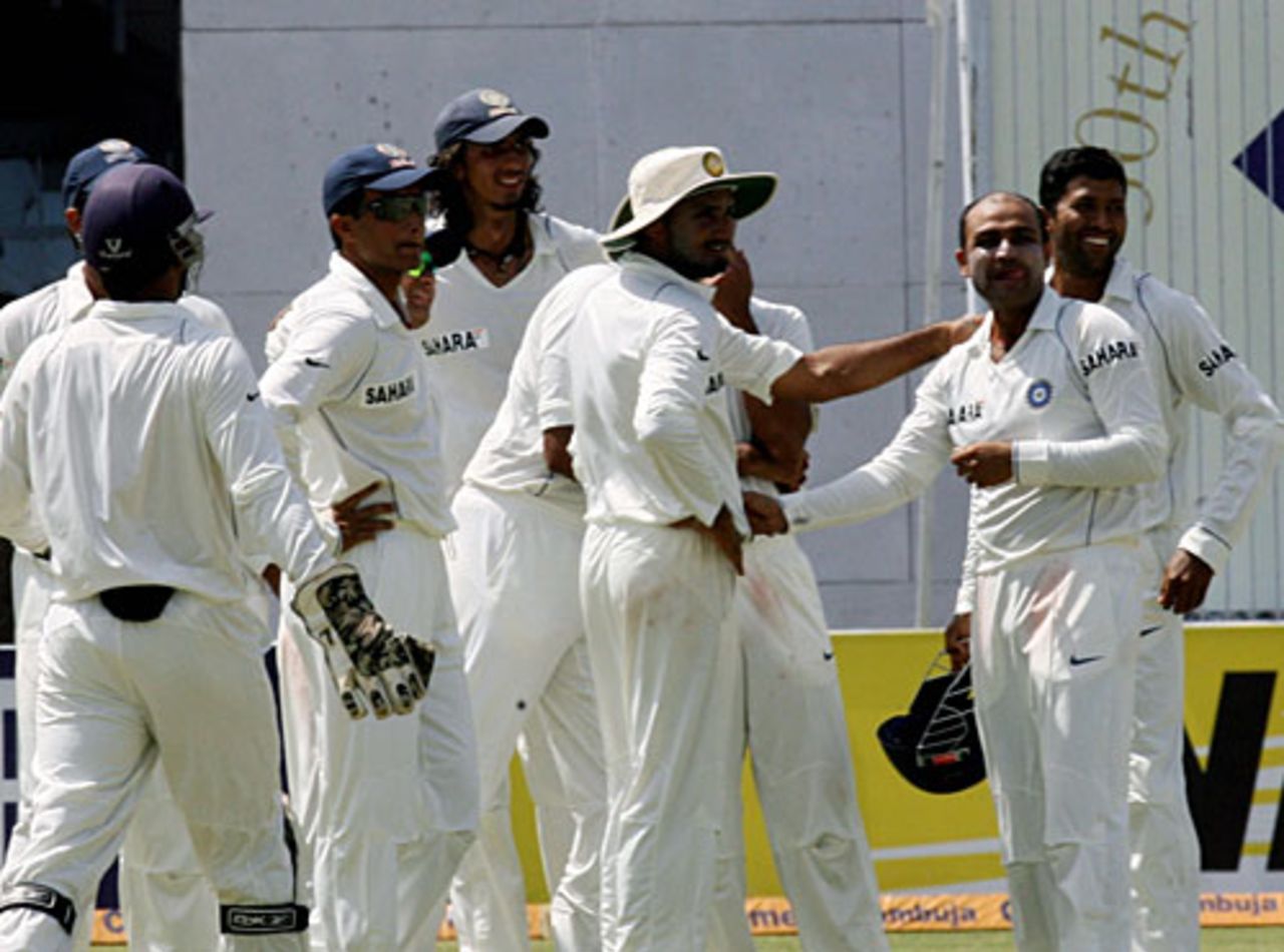 Virender Sehwag is congratulated for his three wickets, India v South Africa, 3rd Test, Kanpur, 3rd day, April 13, 2008