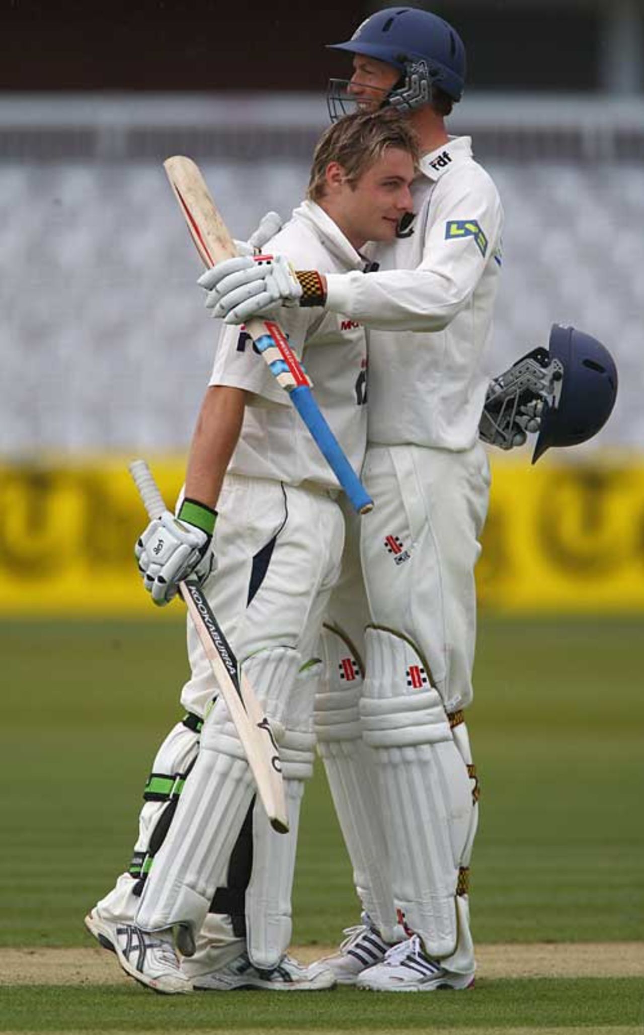 Luke Wright celebrates his century with Robin Martin-Jenkins, MCC v Sussex, Lord's, April 12, 2008