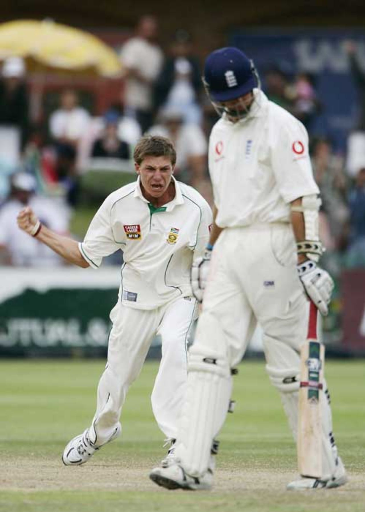 Dale Steyn celebrates bowling Michael Vaughan, first Test, South Africa v England, Port Elizabeth, 20 December 2004