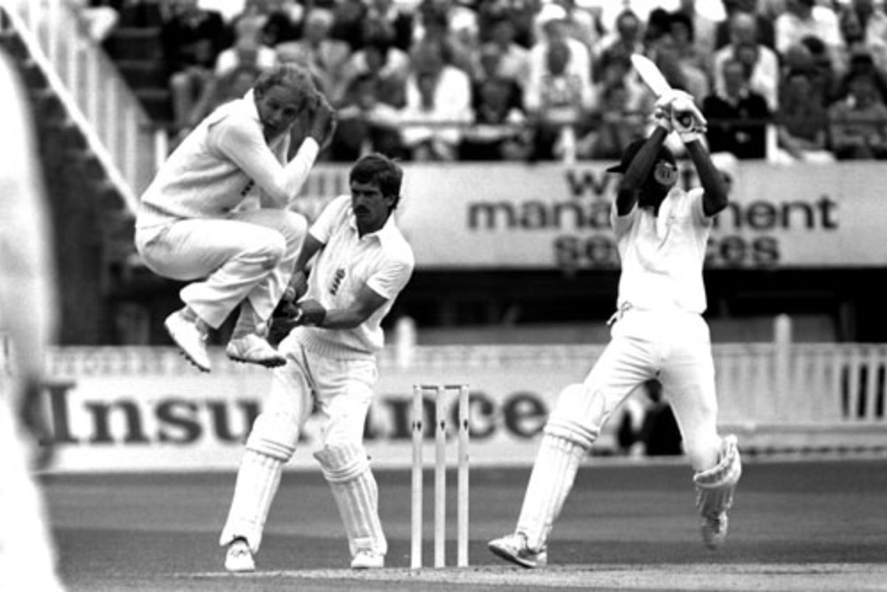 England wicketkeeper Bruce French looks on as David Gower leaps to avoid a cut from India's Mohammad Azharuddin, England v India, third day, third Test, Edgbaston, 1986

