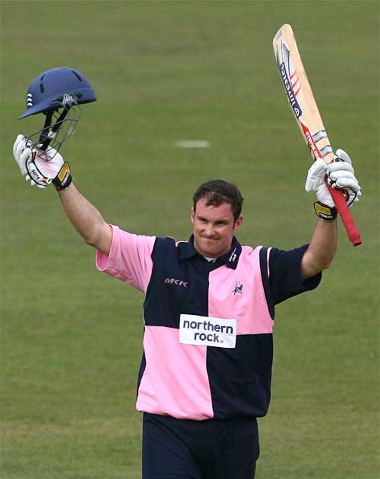 Andrew Strauss celebrates his century, which came off 90 balls, Surrey v Middlesex, Friends Provident Trophy, The Oval, April 20, 2008