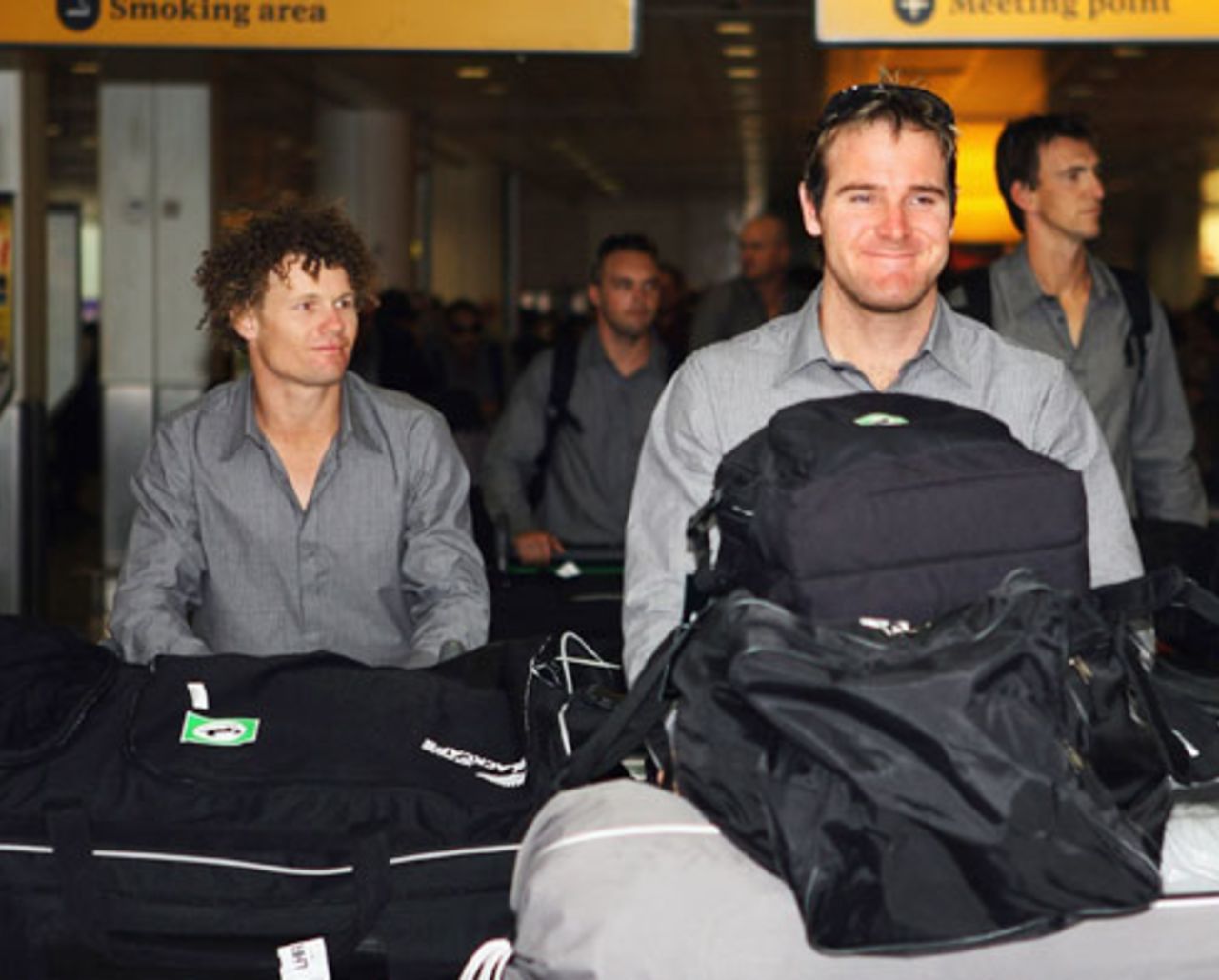 Jamie How and James Marshall arrive at Heathrow airport, London, April 23, 2008