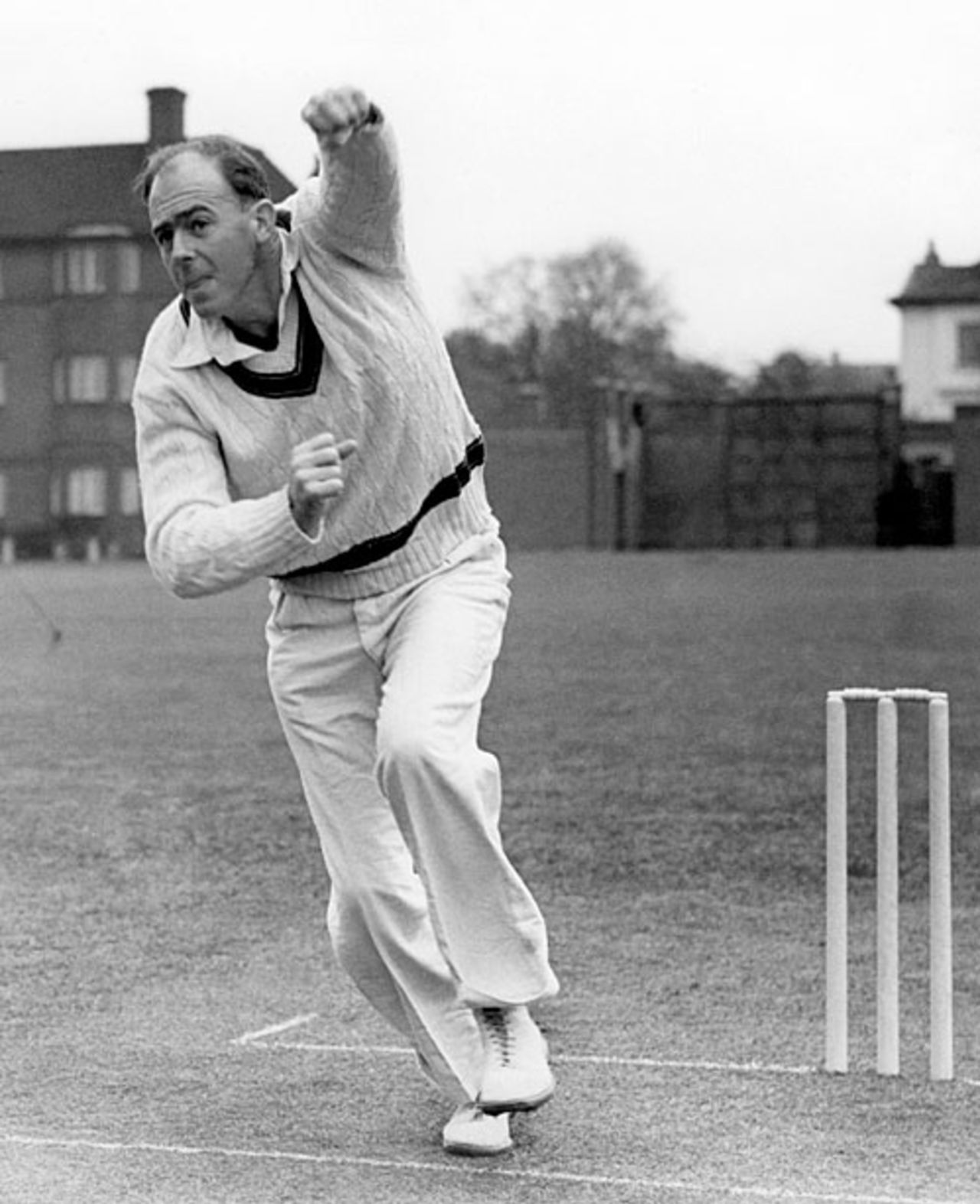 Bill Johnston bowling in the nets at Lord's, April 15, 1953