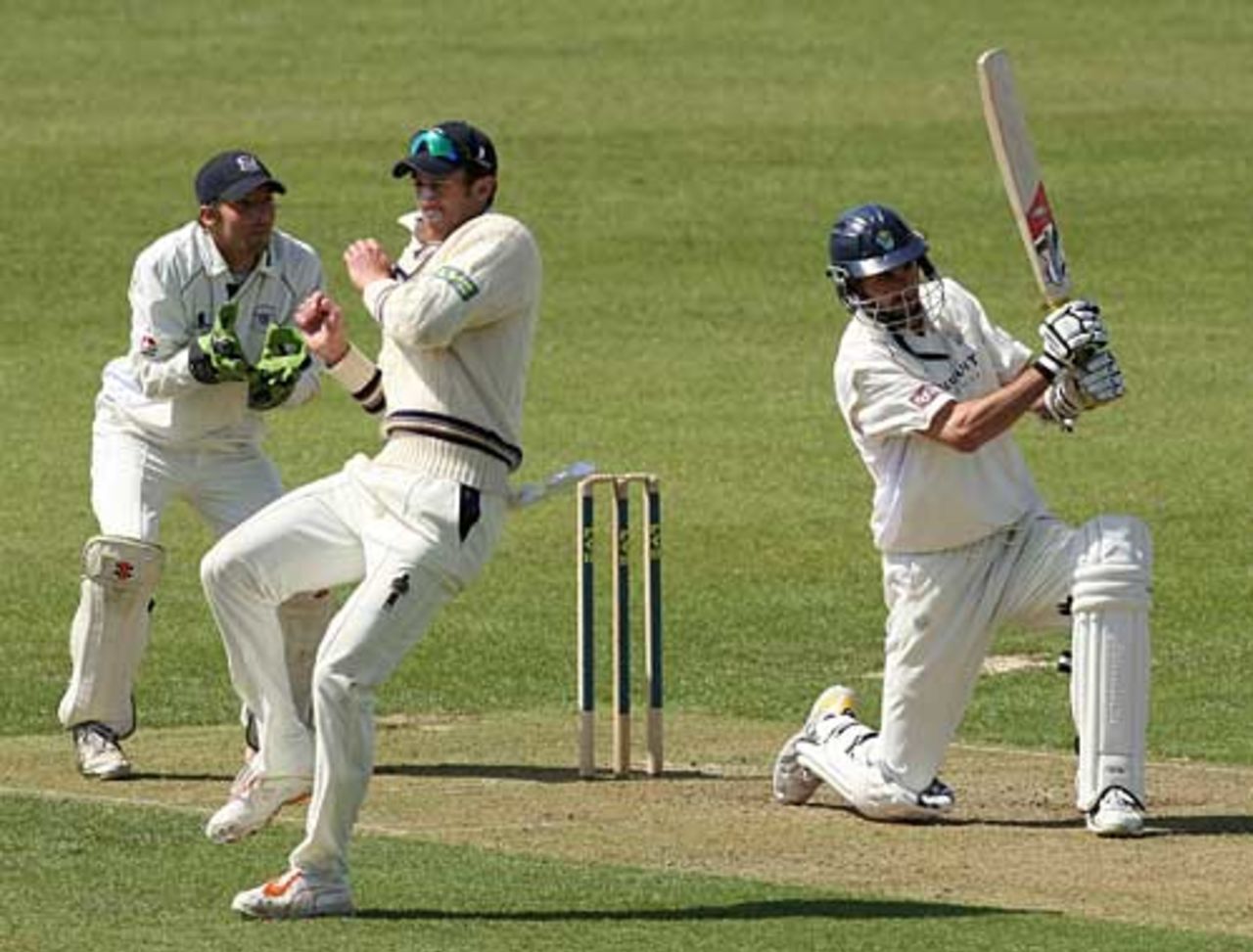 Fielders take cover as Jason Gillespie goes for his shots, Gloucestershire v Glamorgan, County Championship, Bristol, May 1, 2008
