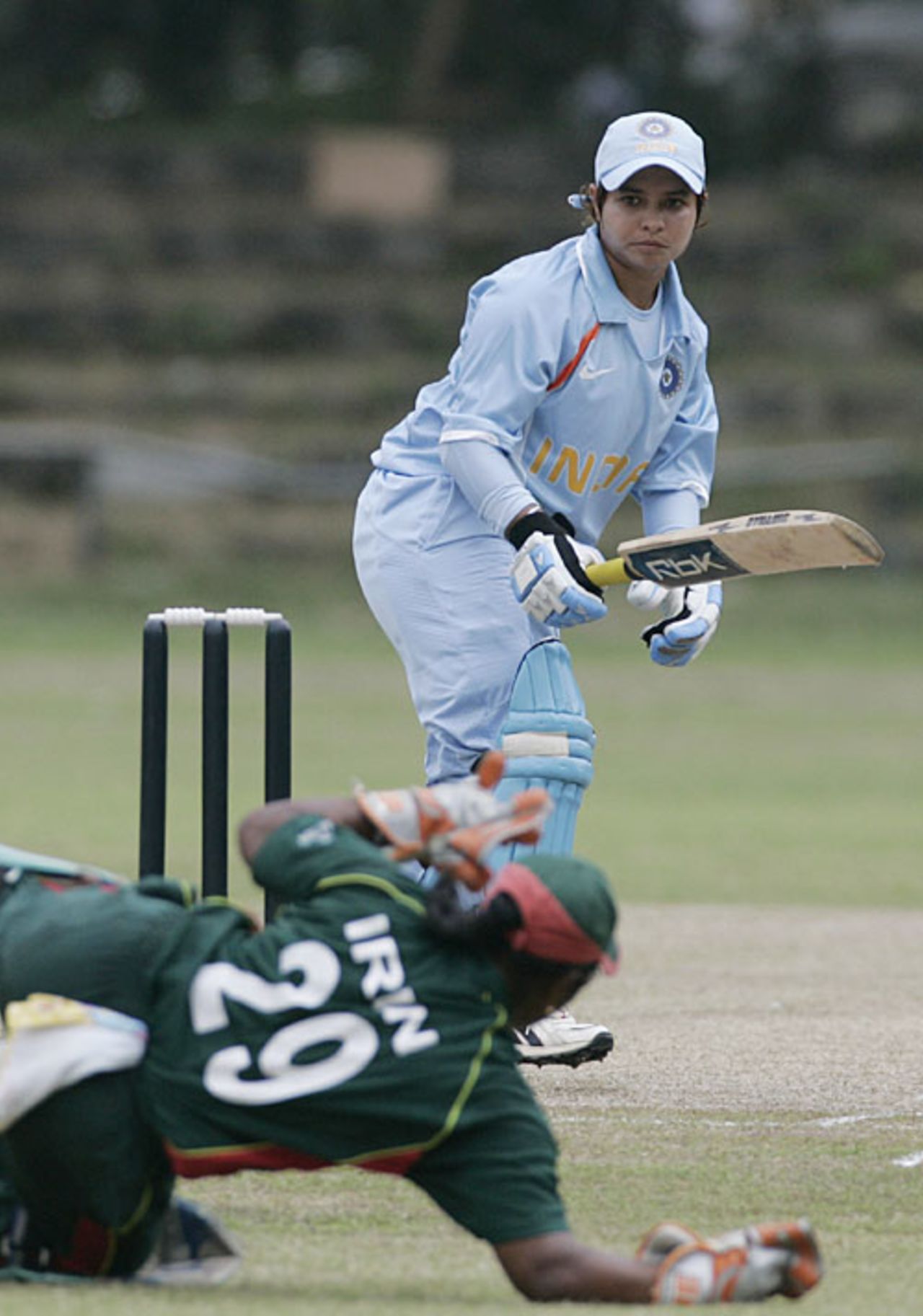 Jaya Sharma looks back as Irin Sultana stops the ball, Bangladesh v India, Women's Asia Cup, Kurunegala, May 2, 2008