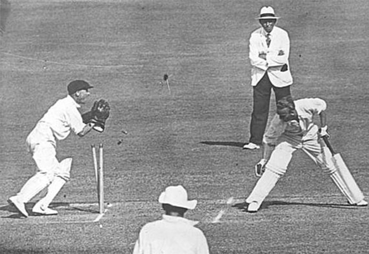 Bert Oldfield stumps Joseph Hardstaff Jr. for 20 in England's second innings of the first Test in Brisbane, 1936-37 (Courtesy of National Library of Australia , ref: nla.pic-an23449085)