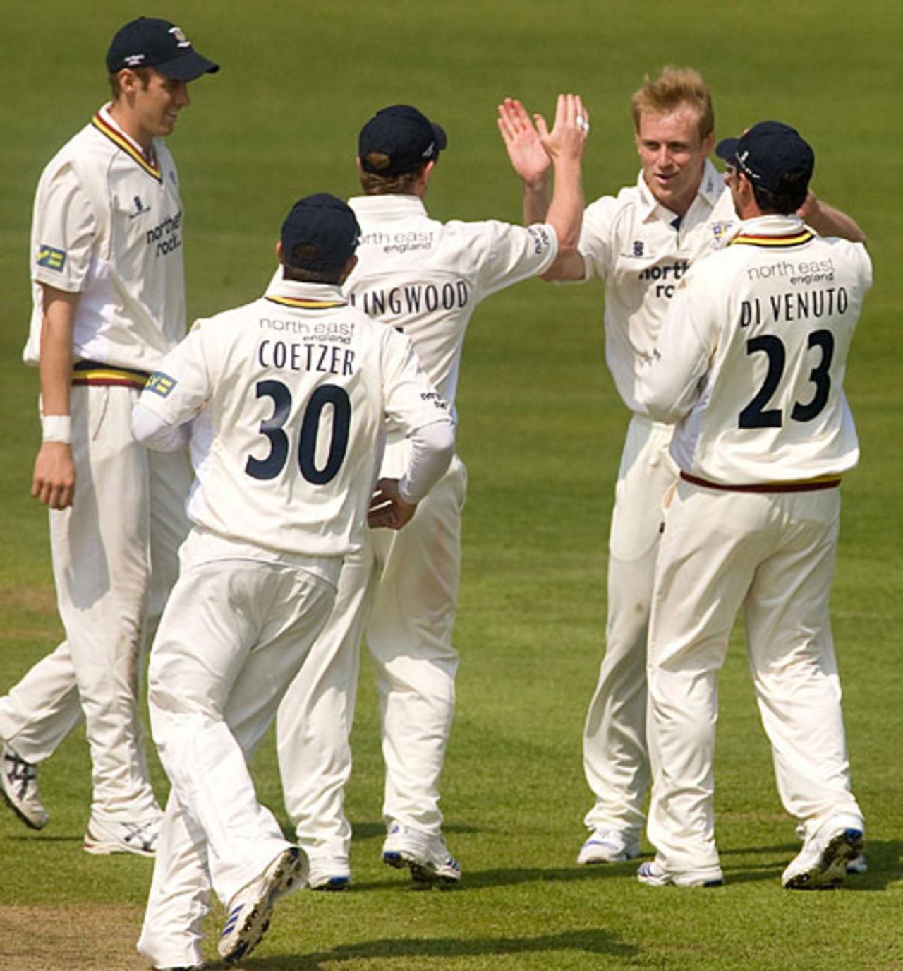 Mark Davies celebrates dismissing Andrew Flintoff for a first-ball duck, Lancashire v Durham, County Championship, Old Trafford, May 7, 2008