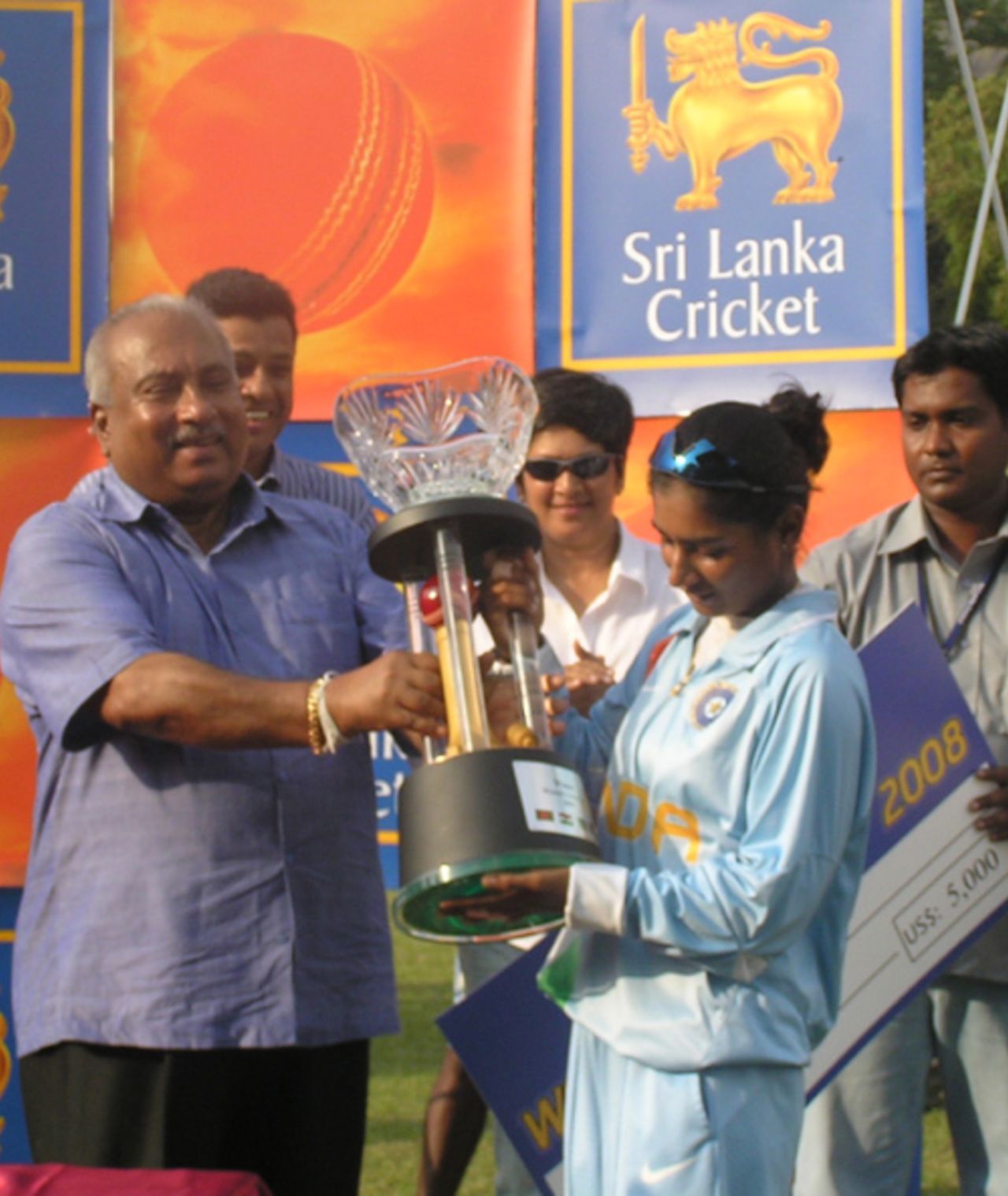 Mithali Raj receives the Women's Asia Cup from Gamini Lokuge, Sri Lanka's sports minister, Sri Lanka Women v India Women, Women's Asia Cup final, Kurunegala, May 11, 2008 
