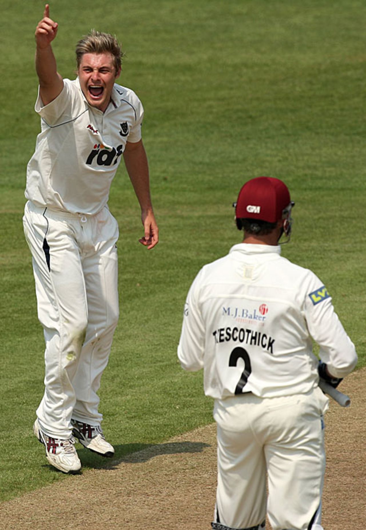Luke Wright celebrates the wicket of Marcus Trescothick, Somerset v Sussex, County Championship, Taunton, May 14, 2008