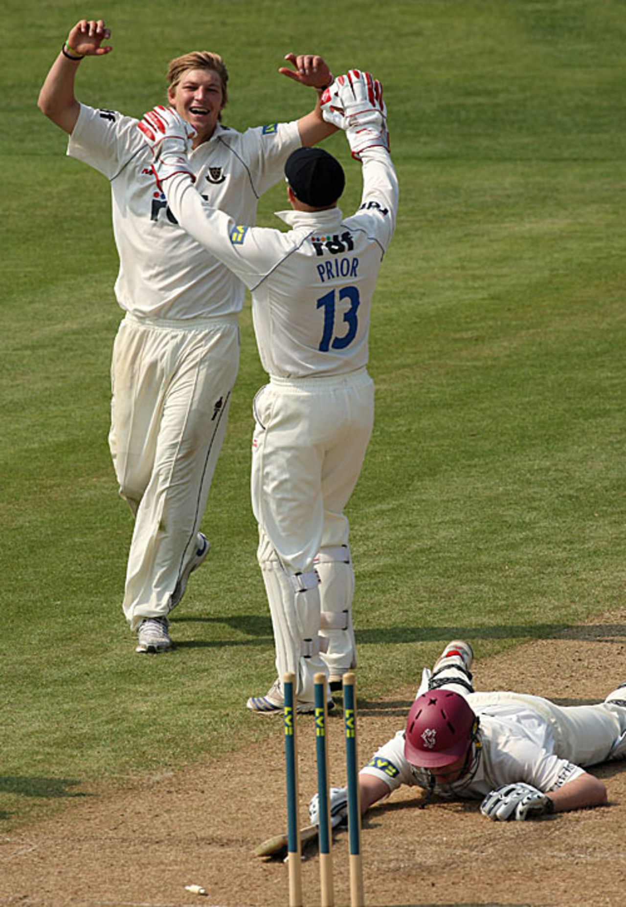 Ollie Rayner and Matt Prior celebrate running out Neil Edwards for 99, Somerset v Sussex, County Championship, Taunton, May 14, 2008