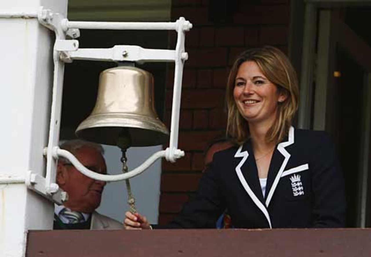 Charlotte Edwards, the England Women's captain, rings the bell to start play, England v New Zealand, 1st Test, Lord's, May 17, 2008