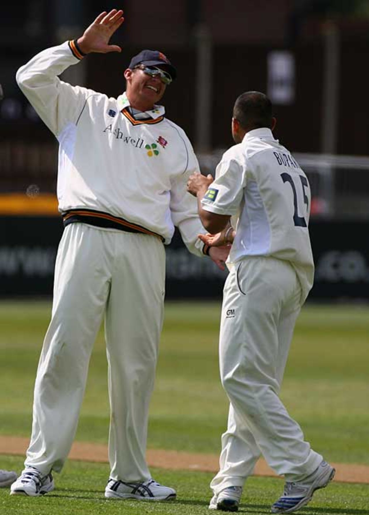 Andre Nel enjoys a lighter moment with Ravi Bopara, Essex v Northamptonshire, County Championship, Chelmsford, April 16, 2008