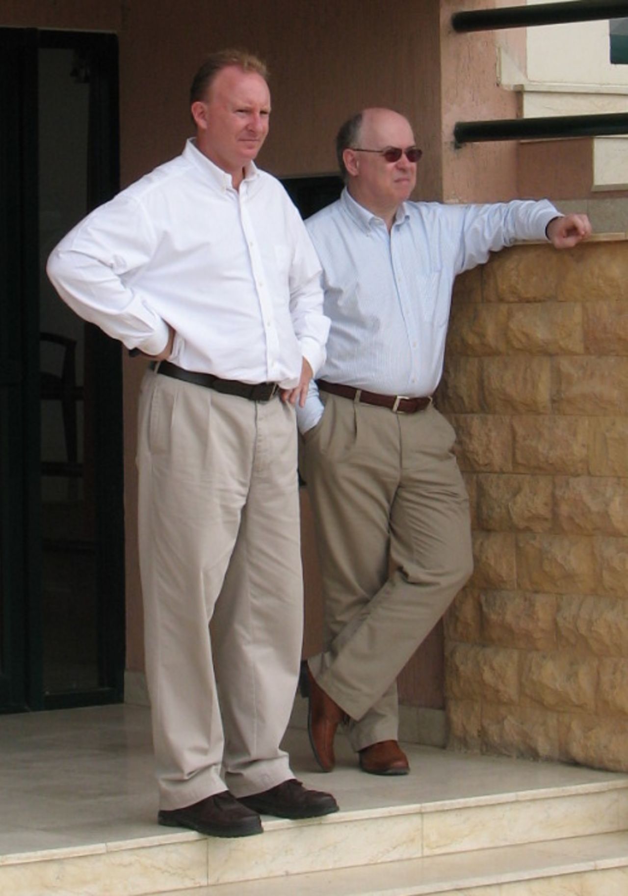 ICC officials stand outside the National Bank of Pakistan stadium after completing their inspection, Karachi, May 19, 2008