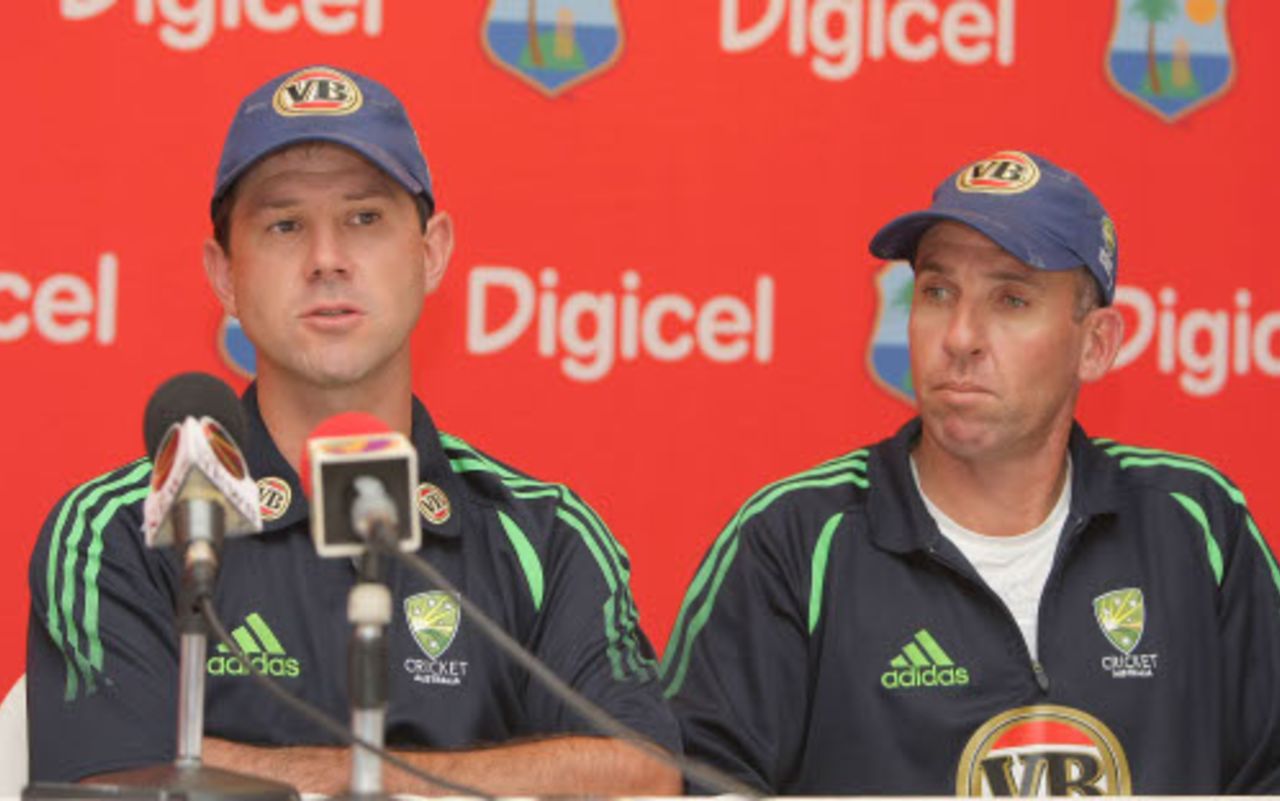 Ricky Ponting and coach Tim Nielsen address a press conference, Kingston, Jamaica, May 20, 2008