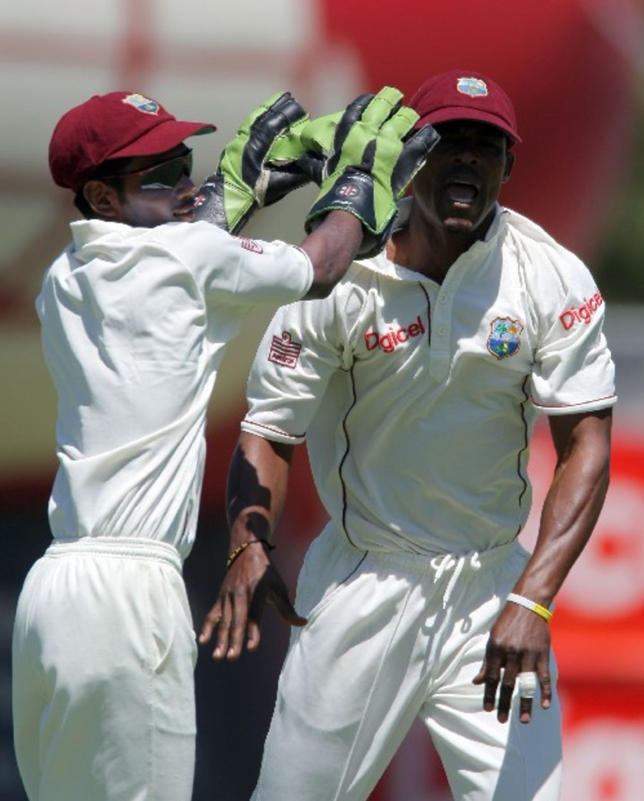 Denesh Ramdin and Runako Morton celebrate a wicket, West Indies v Australia, 1st Test, Jamaica, May 23, 2008