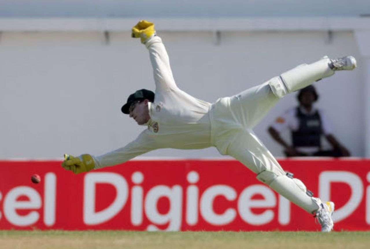Brad Haddin attempts an acrobatic take, West Indies v Australia, 1st Test, Jamaica, May 23, 2008