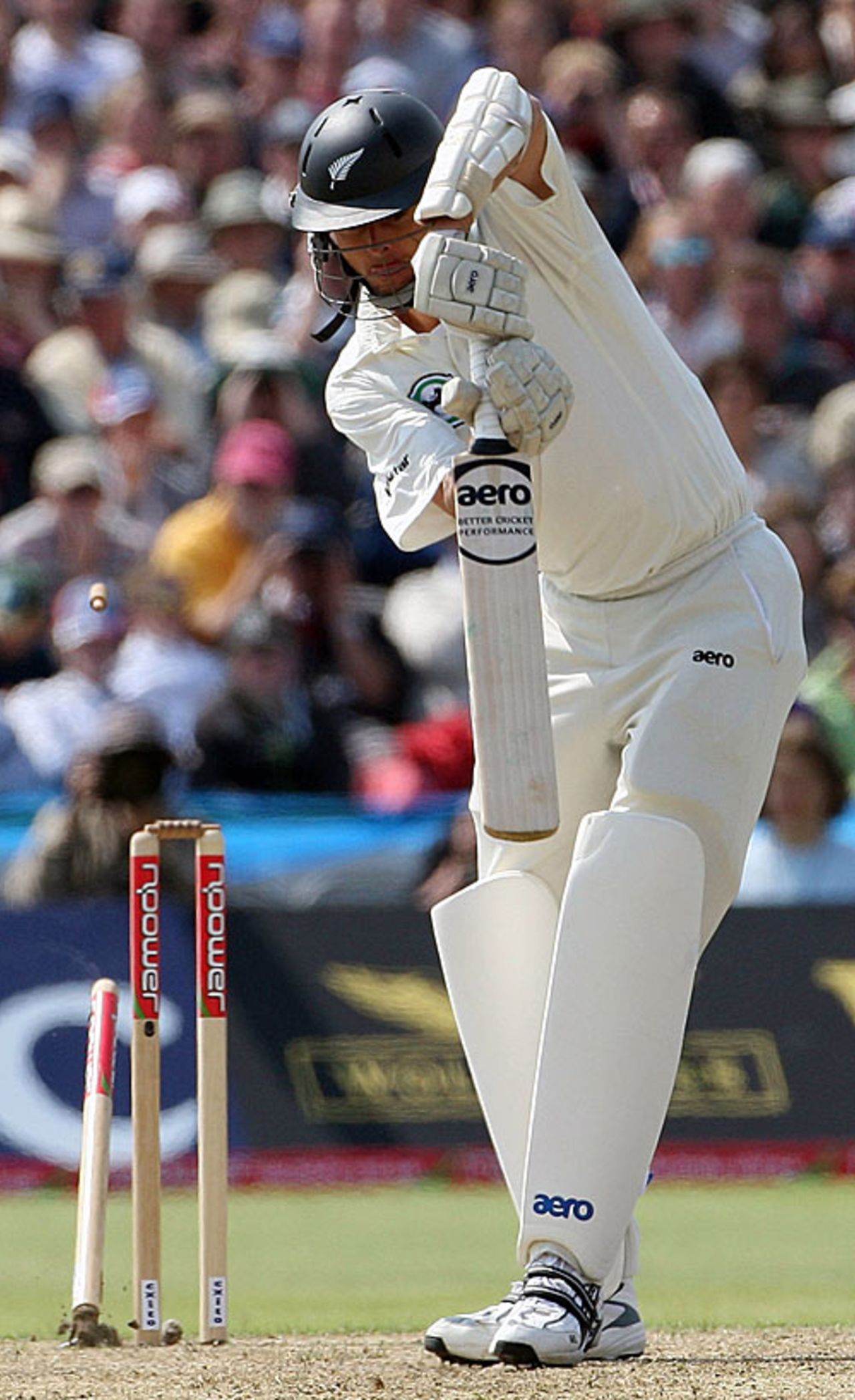 Chris Martin does his best to defend a straight delivery ... but is bowled, England v New Zealand, 2nd Test, Old Trafford, May 24, 2008