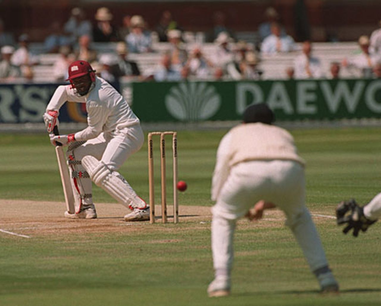 Brian Lara edges Darren Gough to a diving Alec Stewart who would take a brilliant catch to his left, England v West Indies, 2nd Test, Lord's, June 26, 1995
