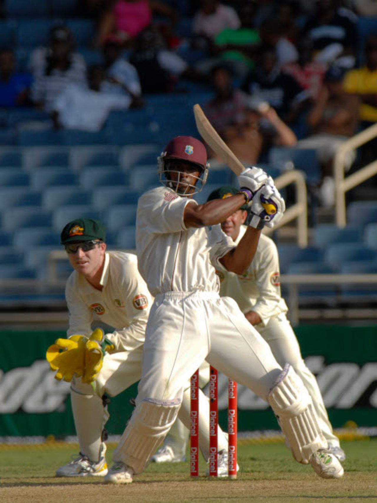 Runako Morton muscles the ball past midwicket, West Indies v Australia, 1st Test, Jamaica, 3rd day, May 23, 2008