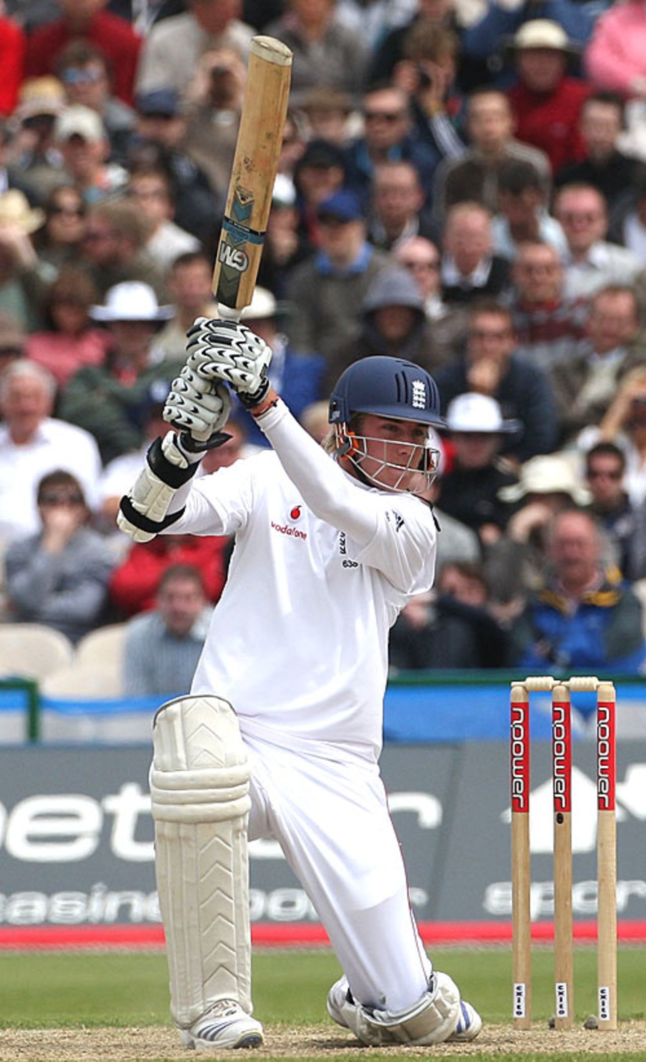 Stuart Broad, down on one knee, carves another four through the cover, England v New Zealand, 2nd Test, Old Trafford, May 25, 2008