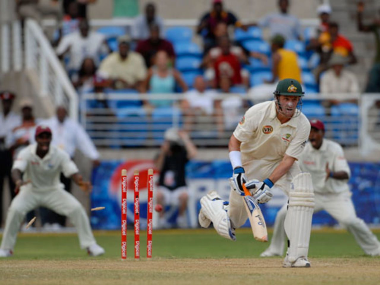 Michael Hussey is bowled late in the day, West Indies v Australia, 1st Test, Jamaica, 3rd day, May 24, 2008