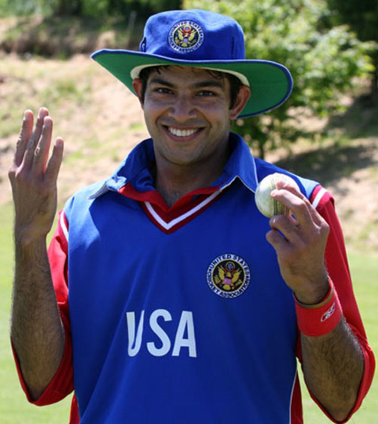 Khawaja Shuja after taking 5 for 15, USA v Norway, World Cricket League Division 5, Jersey, May 25, 2008