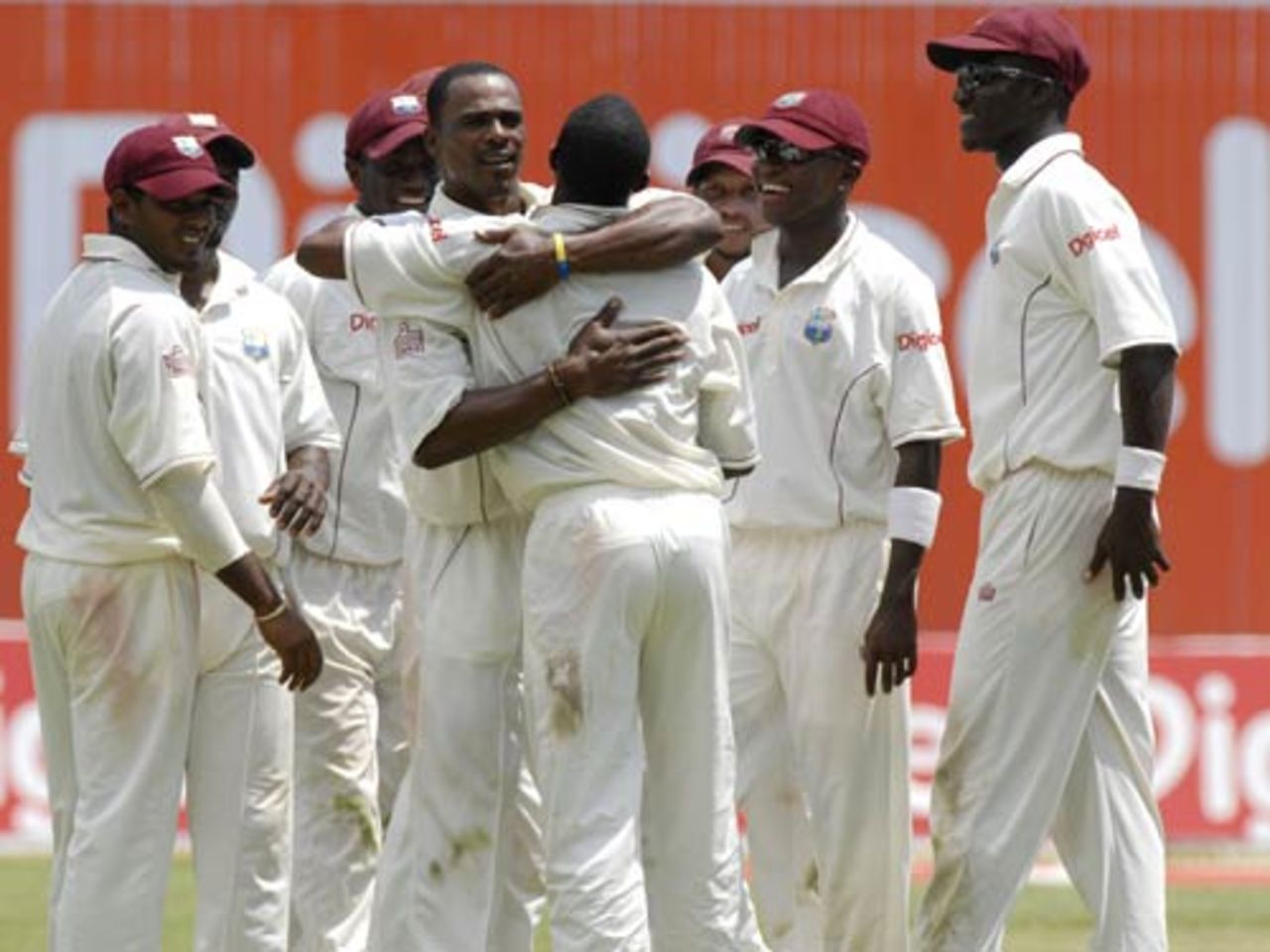 Runako Morton is congratulated on a brilliant catch to remove Brad Haddin, West Indies v Australia, 1st Test, Jamaica, May 25, 2008