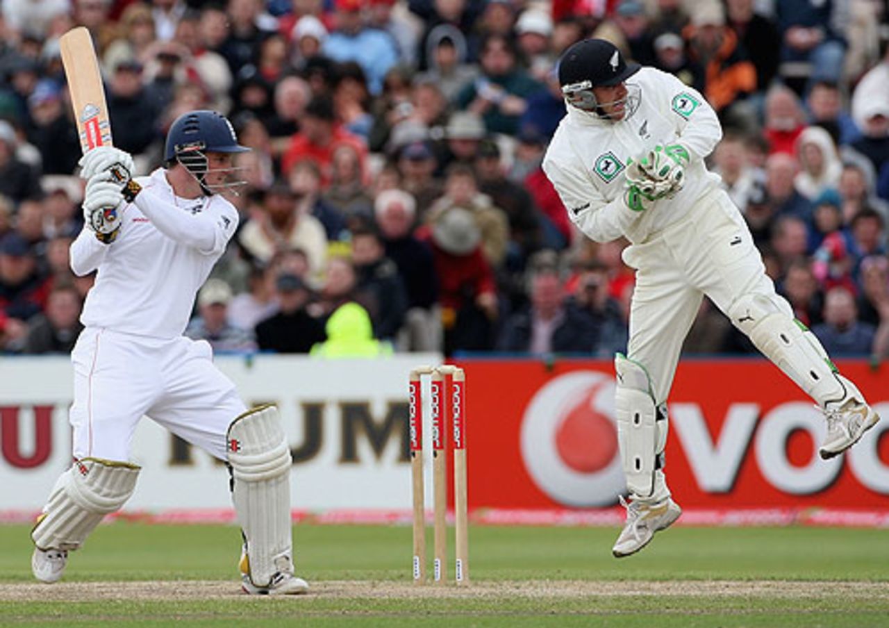 Andrew Strauss cuts for four during his fourth-day hundred, England v New Zealand, 2nd Test, Old Trafford, May 25, 2008