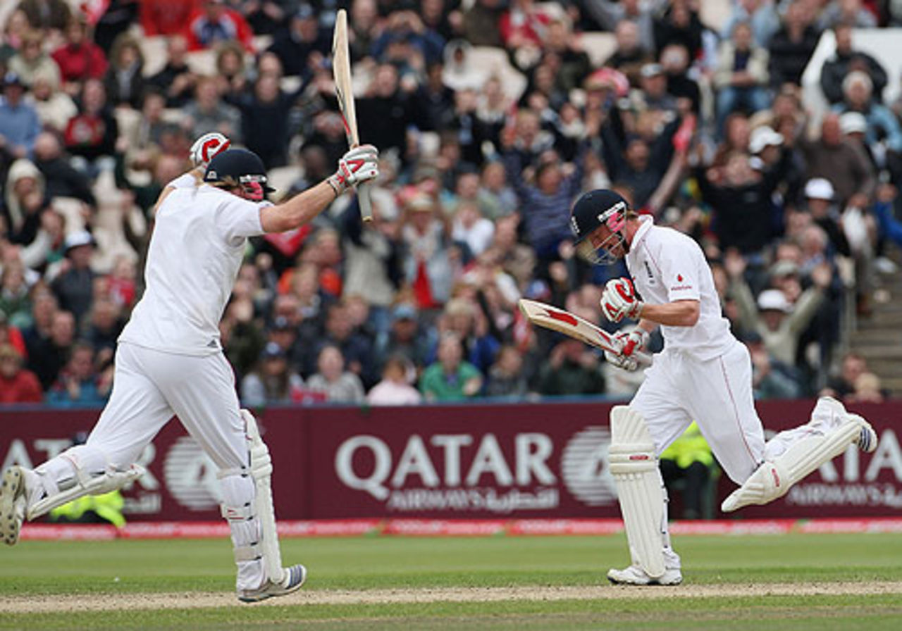 Paul Collingwood and Ian Bell celebrate England's six-wicket victory, England v New Zealand, 2nd Test, Old Trafford, May 25, 2008