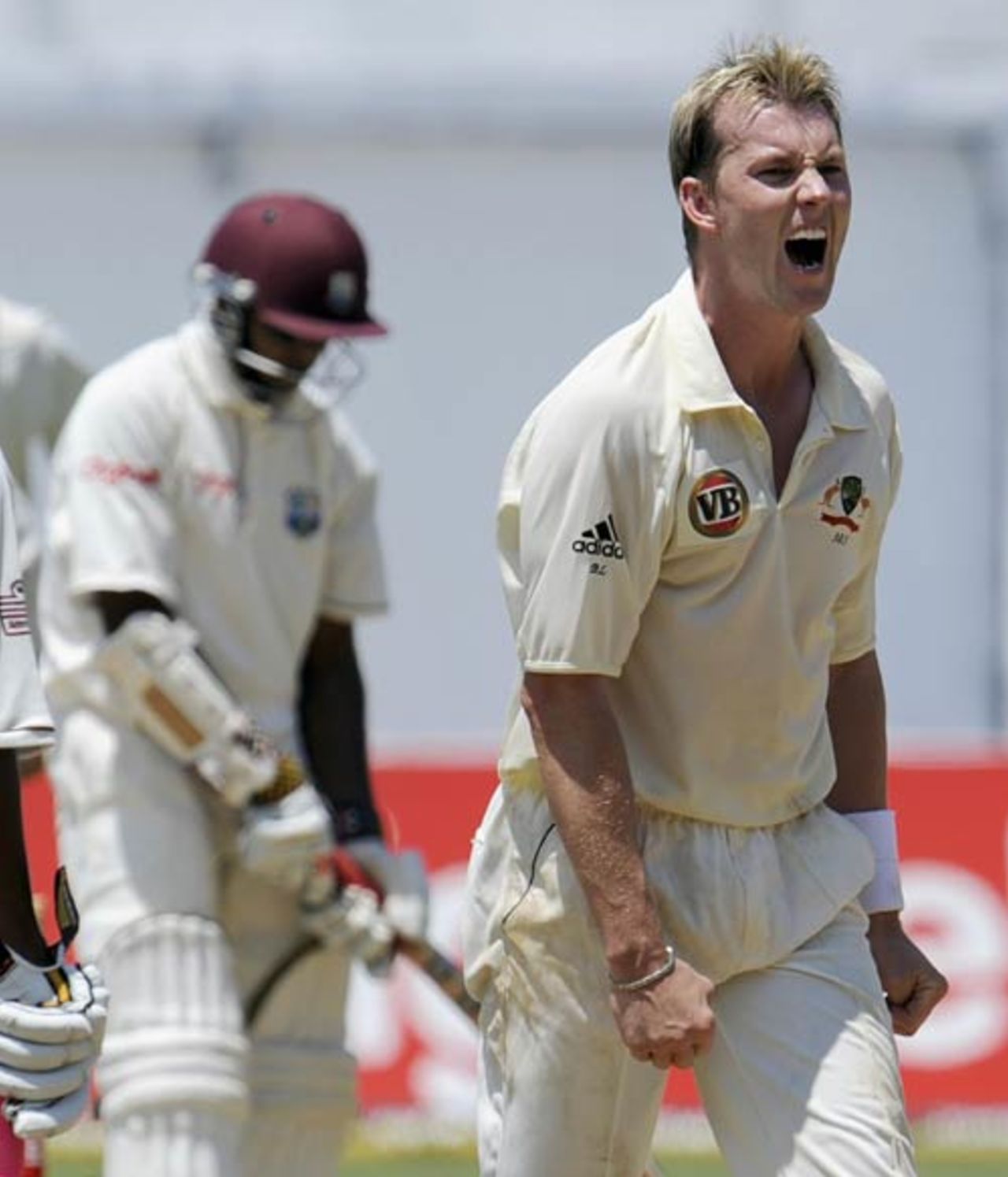 Brett Lee celebrates the wicket of Shivnarine Chanderpaul, West Indies v Australia, 1st Test, Jamaica, May 26, 2008