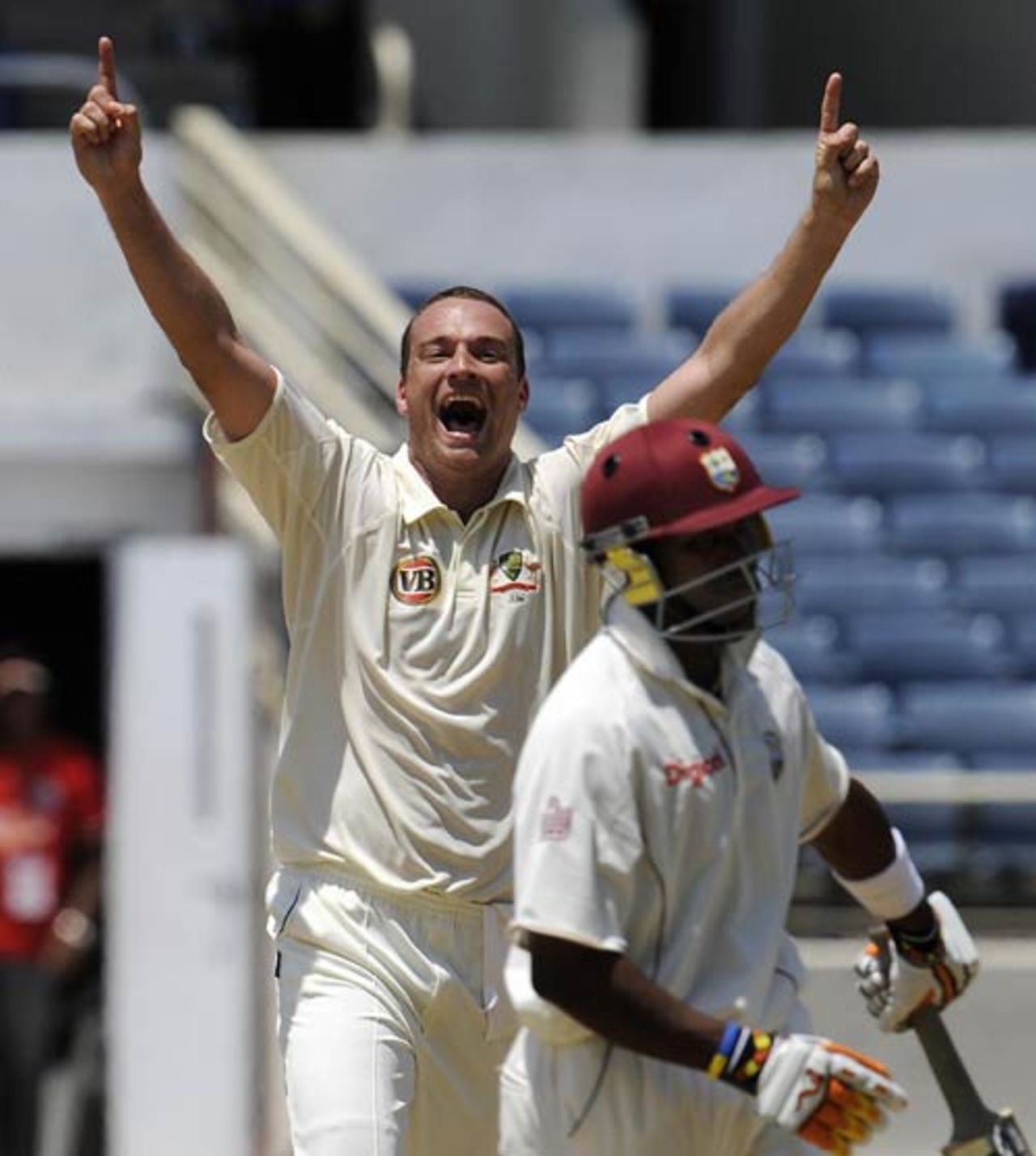 Stuart Clark celebrates the wicket of Dwayne Bravo, West Indies v Australia, 1st Test, Jamaica, May 26, 2008