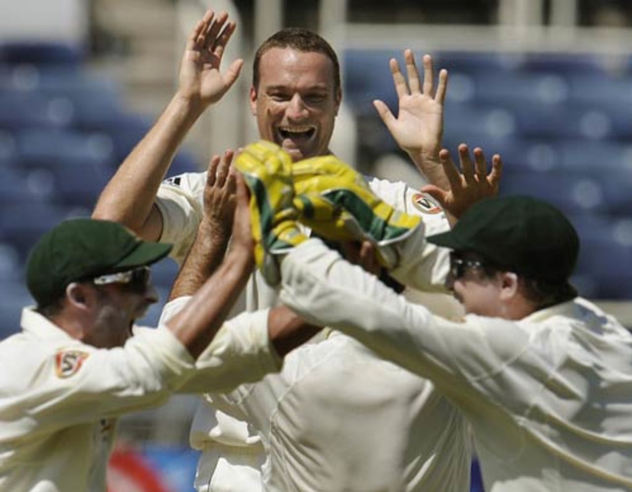 Stuart Clark is congratulated on one of his five wickets, West Indies v Australia, 1st Test, Jamaica, May 26, 2008