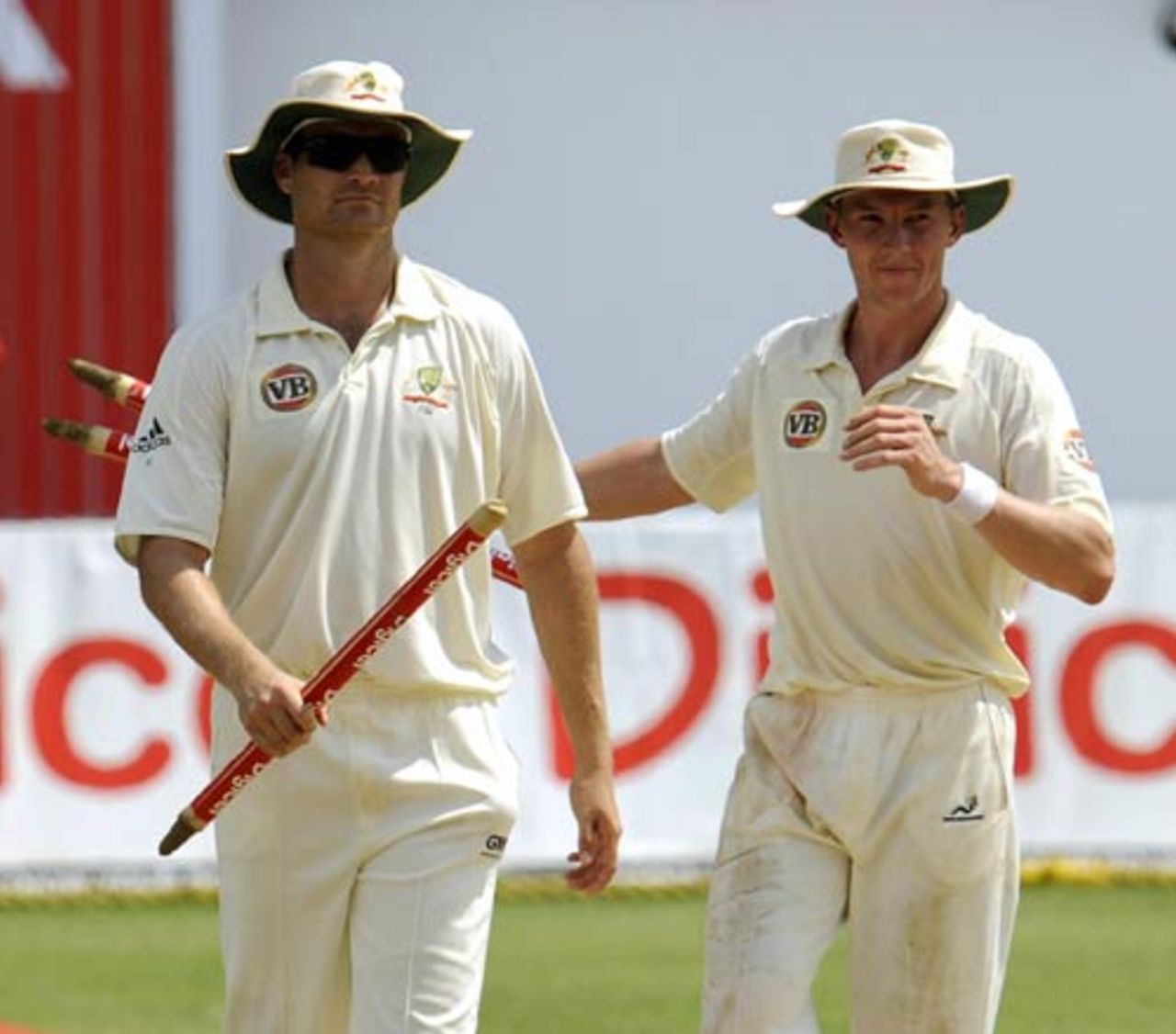 Stuart Clark and Brett Lee walk off after playing vital roles in Australia's win, West Indies v Australia, 1st Test, Jamaica, May 26, 2008