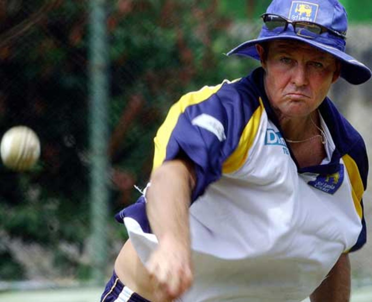 Sri Lanka coach Trevor Penney throws a ball during practice session at the R Premadasa Stadium in Colombo