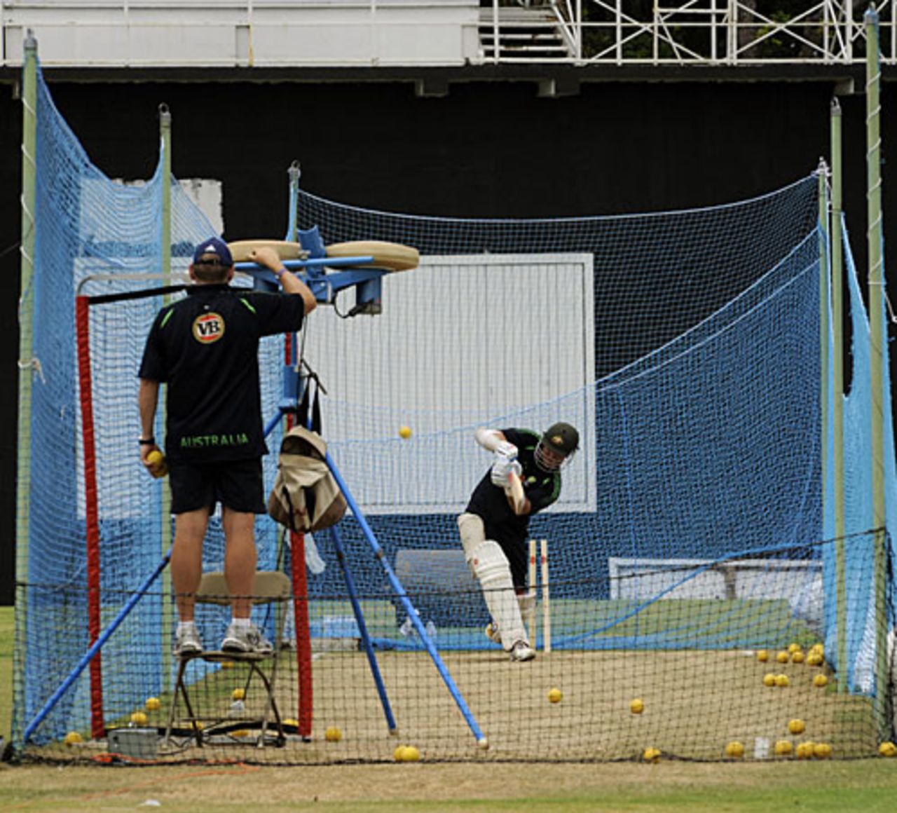 An Australian batsman plays against a bowling machine, West Indies v Australia, Antigua, May 28, 2008