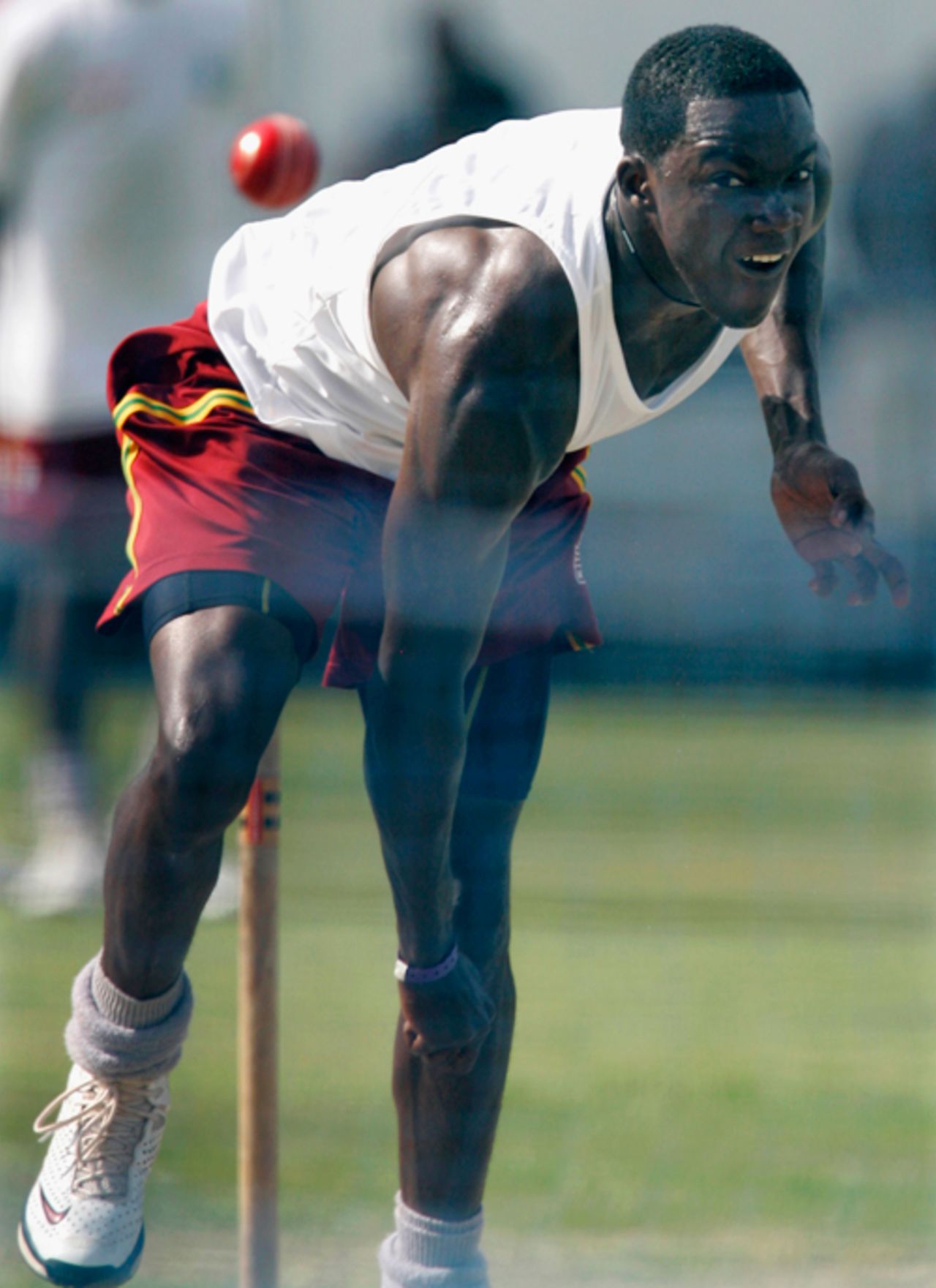 Jerome Taylor bowls in the nets during a training session at the Antigua Recreation Ground, West Indies v Australia, Antigua, May 28, 2008