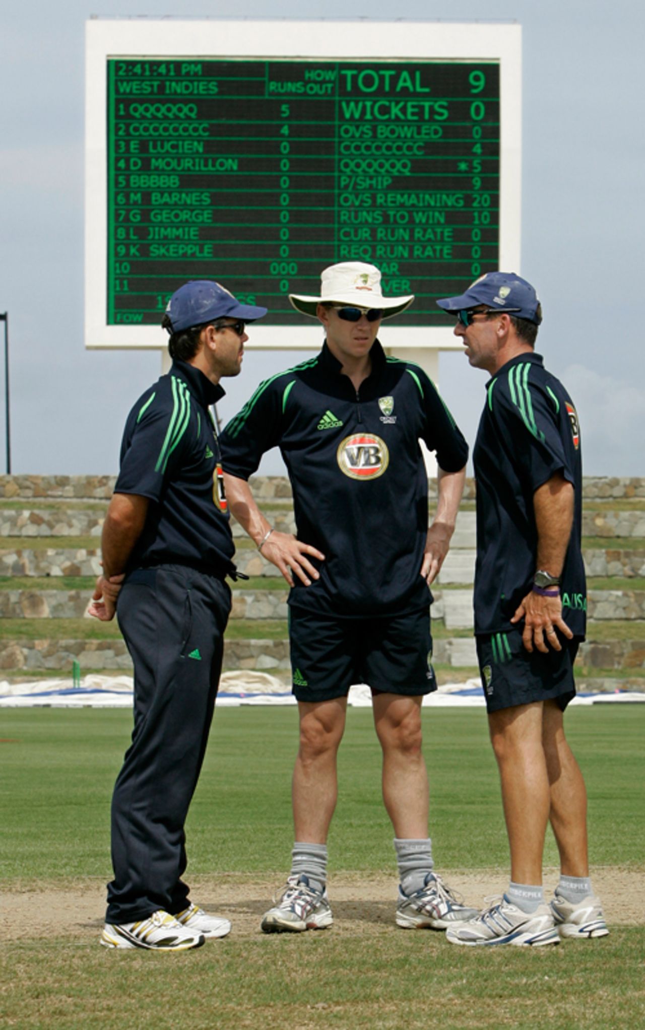 Tim Nielsen, Ricky Ponting, and Brett Lee confer after inspecting the pitch in Antigua, West Indies v Australia, Antigua, May 29, 2008