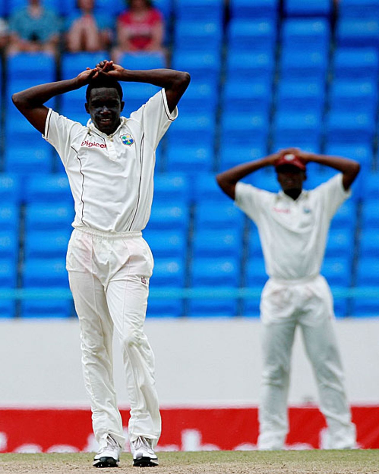 It was that kind of day for West Indies: hands on head for Jerome Taylor as a shy evades the stumps, West Indies v Australia, 2nd Test, Antigua, May 31, 2008