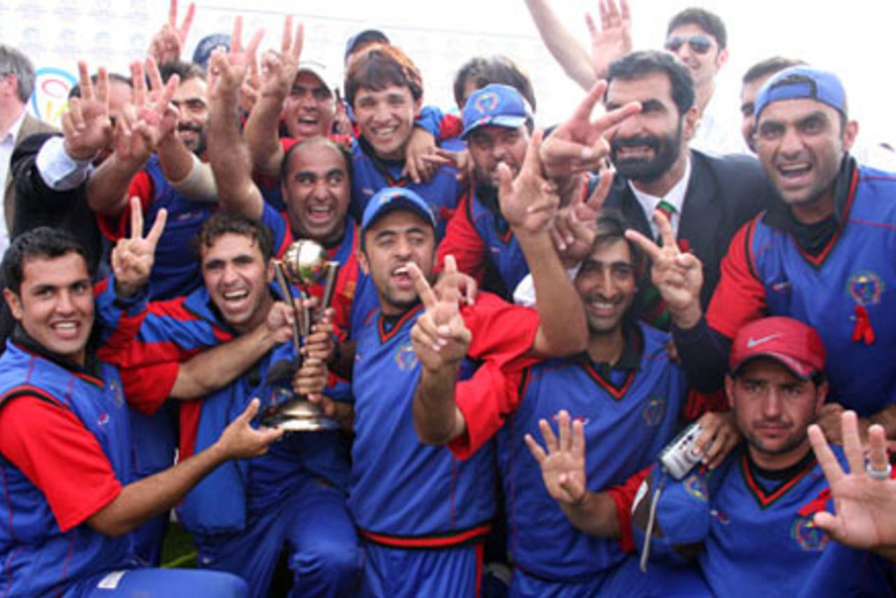 The victorious Afghanistan team after claiming Division 5 of the World Cricket League, Jersey v Afghanistan, World Cricket League Division 5, Jersey, May 31, 2008