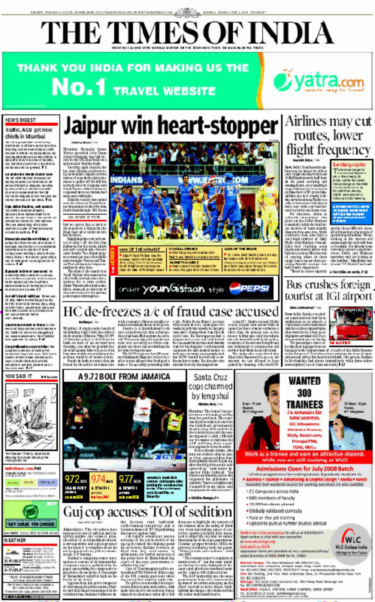 The <i>Times of India</i> reports Rajasthan Royals' IPL victory, June 2, 2008