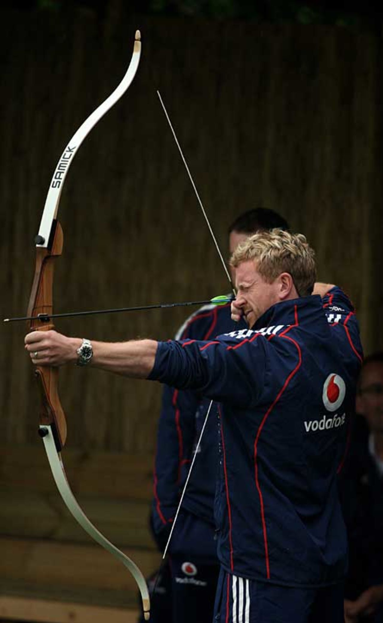 Eye on the target: Paul Collingwood has an archery lesson ahead of the third Test, Loughborough, June 3, 2008