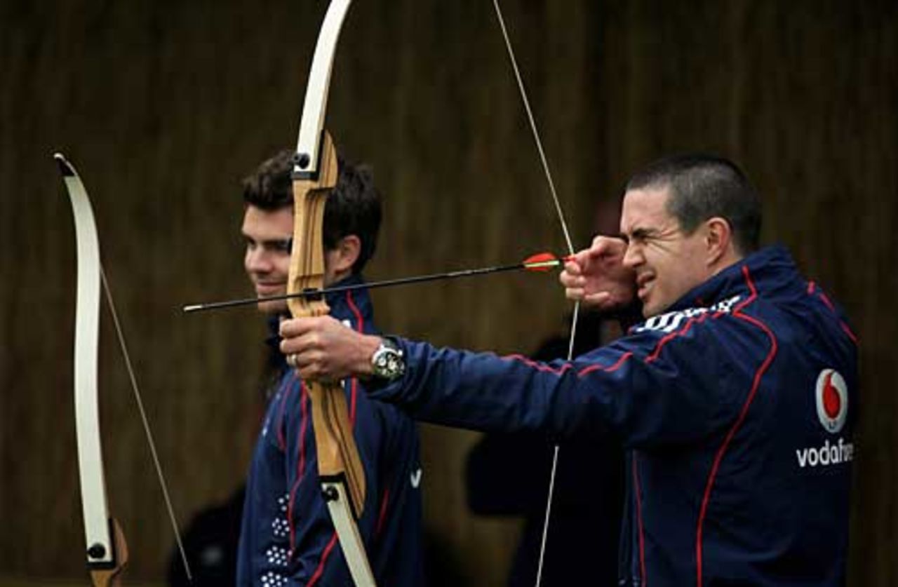 Kevin Pietersen and James Anderson see how good they with a bow and arrow, Loughborough, June 3, 2008