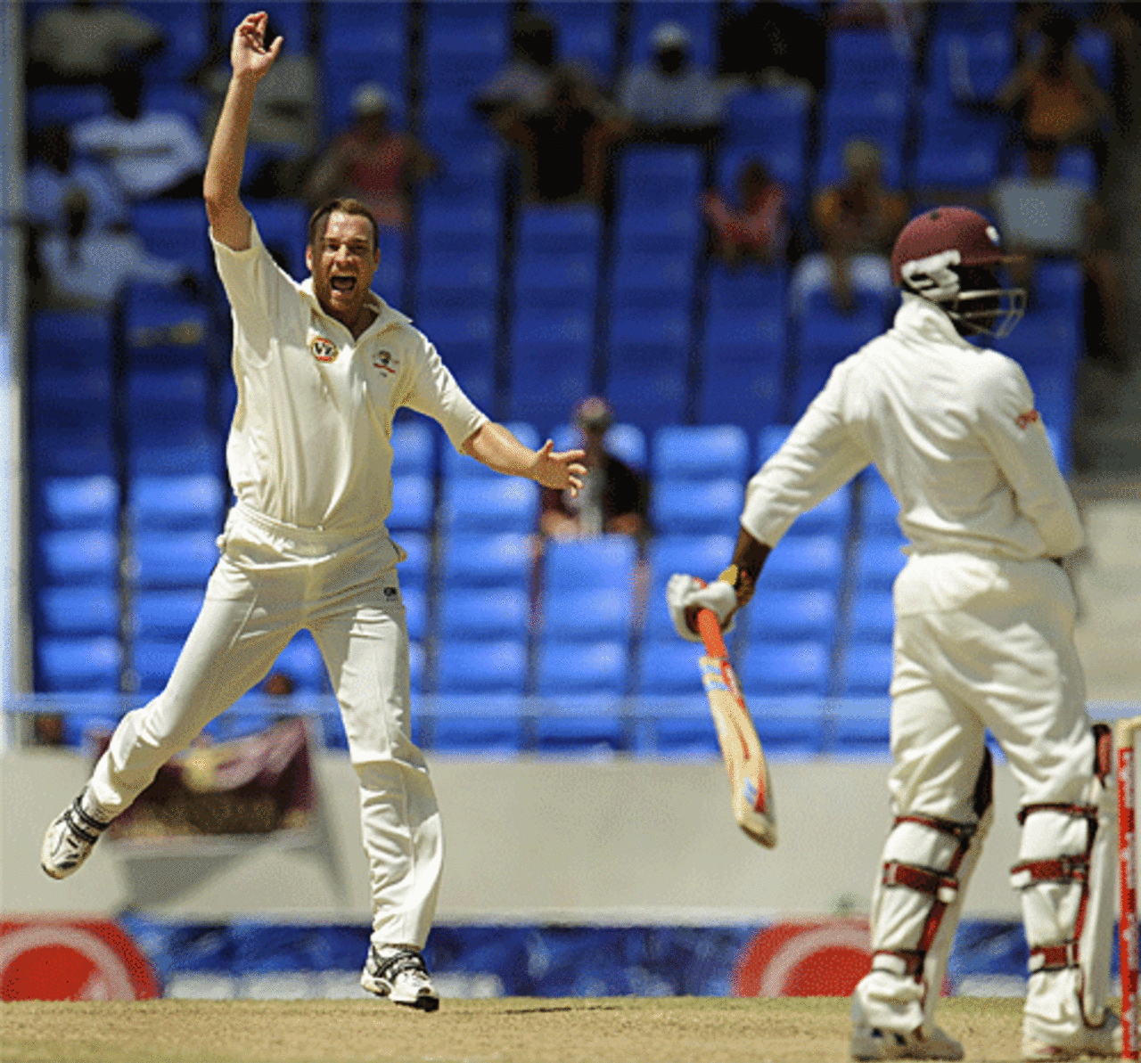 Stuart Clark celebrates Xavier Marshall edging through, West Indies v Australia, 2nd Test, Antigua, June 3, 2008
