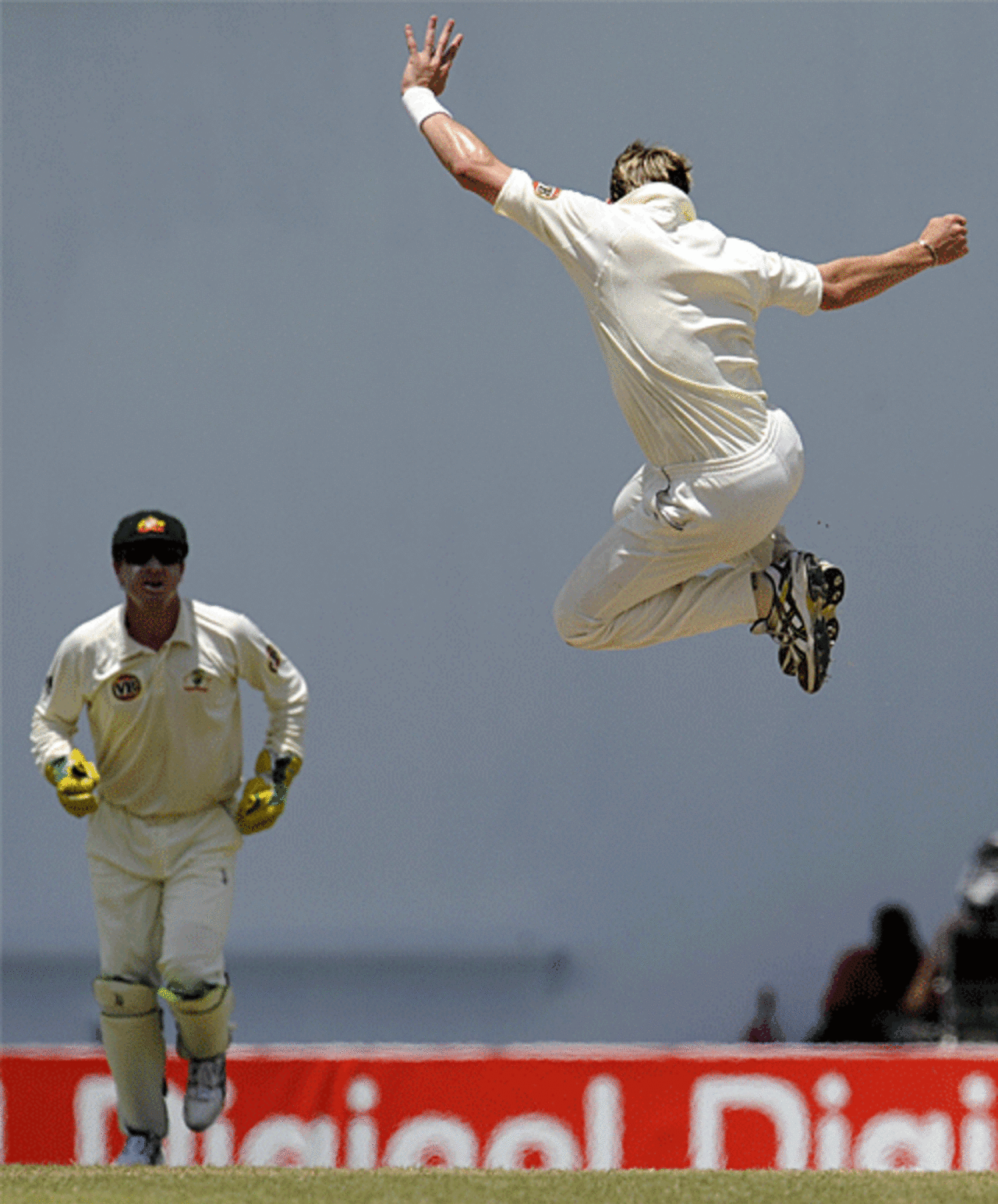 Jumping for joy: Brett Lee is ecstatic to have struck twice in the morning, West Indies v Australia, 2nd Test, Antigua, June 3, 2008