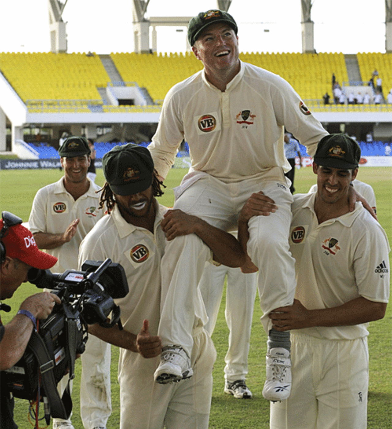 Stuart MacGill is borne aloft as he exits the Test arena for the last time, West Indies v Australia, 2nd Test, Antigua, June 3, 2008