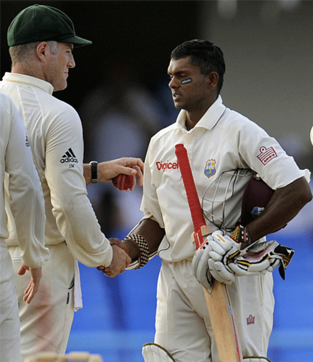 The retiring Stuart MacGill and the match-saving Shivnarine Chanderpaul shake hands, West Indies v Australia, 2nd Test, Antigua, June 3, 2008