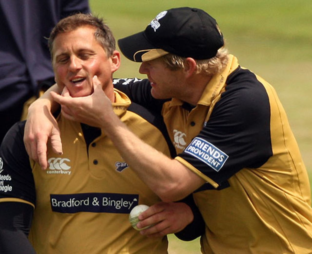 Darren Gough didn't get a wicket in the first innings, but he did get some love from Matthew Hoggard, Gloucestershire v Yorkshire, Friends Provident Trophy quarter-final, Bristol, June 4, 2008