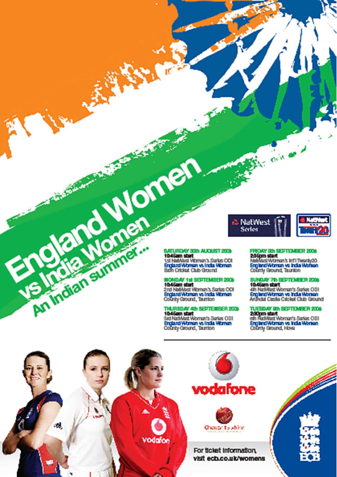 England women's poster for their series against India, featuring Charlotte Edwards, Holly Colvin and Katherine Brunt