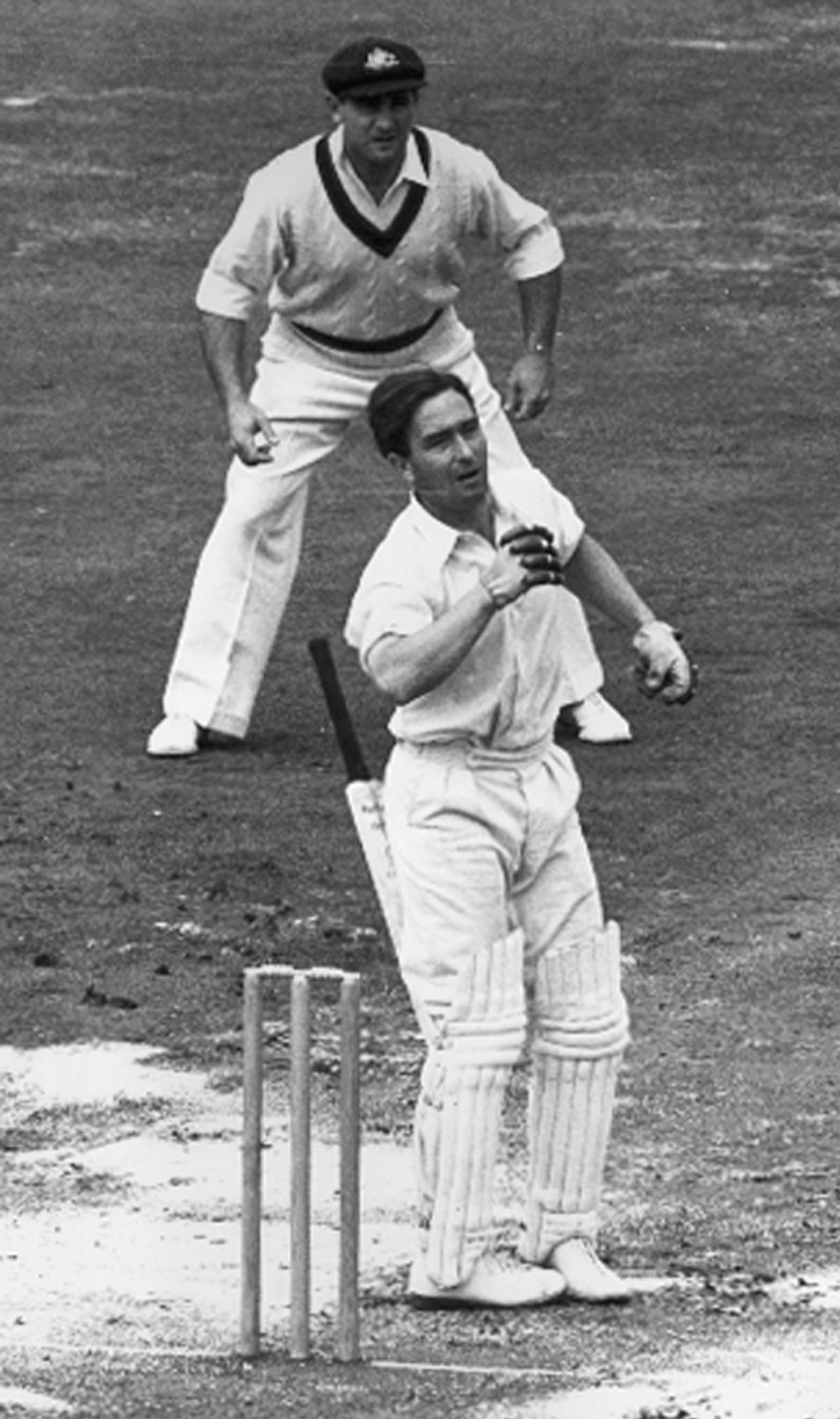 Denis Compton drops his bat after being struck by Ray Lindwall, England v Australia, 5th Test, The Oval, August 14, 1948