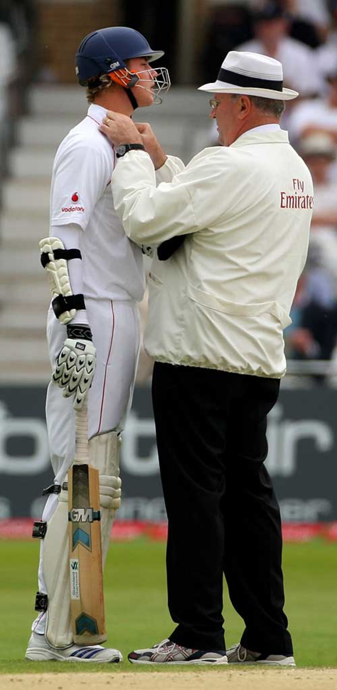Darrell Hair helps Stuart Broad to cover an offending logo, England v New Zealand, 3rd Test, Trent Bridge, June 6, 2008